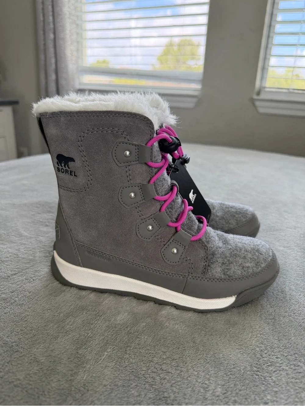 Sorel Kids' Gray Winter Boots, Waterproof with Pink Laces